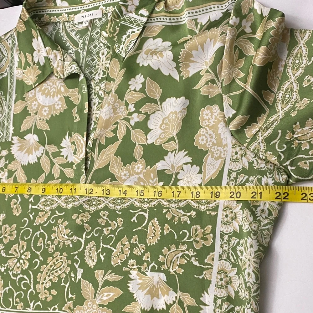 Pleione Olive Floral Print Green Beige White Long Sleeve Blouse Size XL - Picture 5 of 7